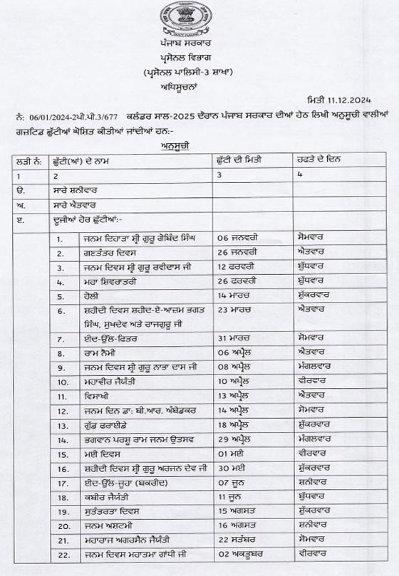 Holiday List